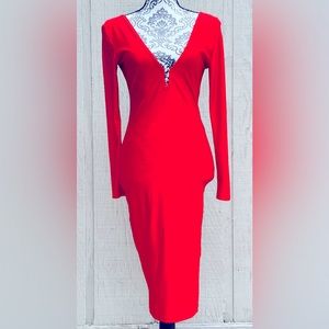 Red long sleeve V front/back fitted dress